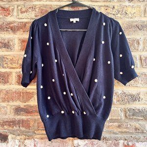 Demylee New York Wool dotted navy beige Vneck sweater top Sz S